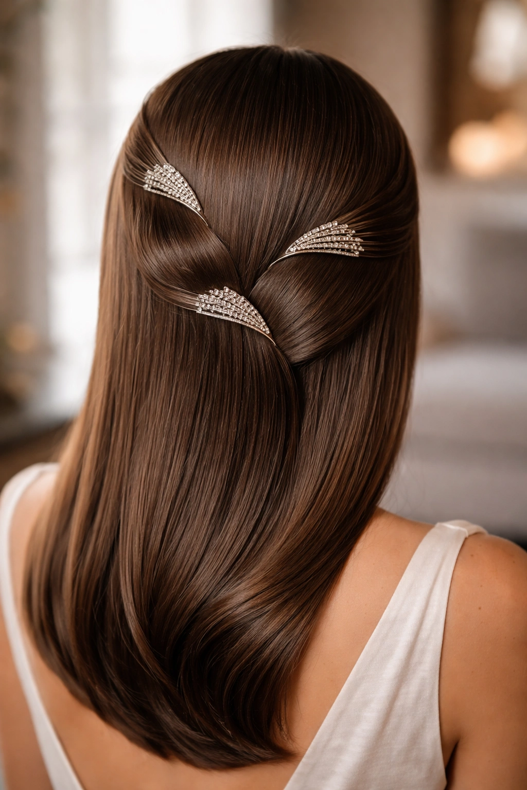 Straight hair adorned with vintage-inspired hairpins creating gentle waves