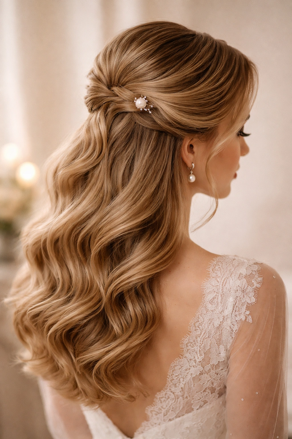 Close-up of a bride's vintage half-up hairstyle with a pearl pin in warm studio lighting