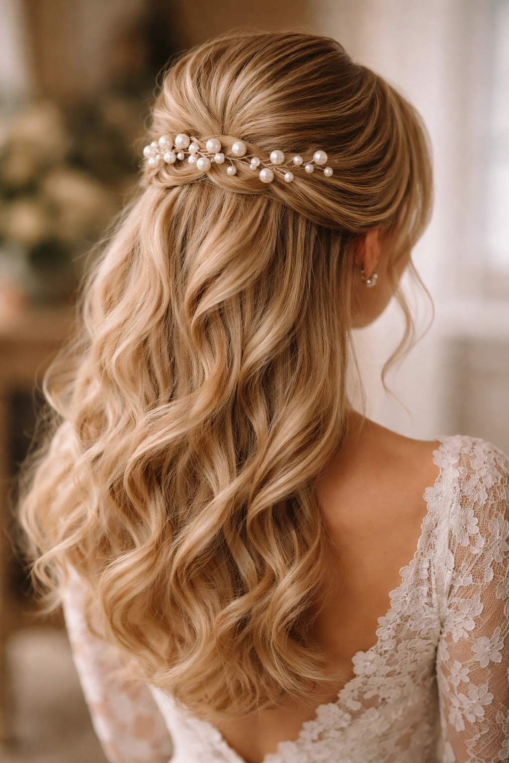 Vintage half up hairstyle with pearl pins