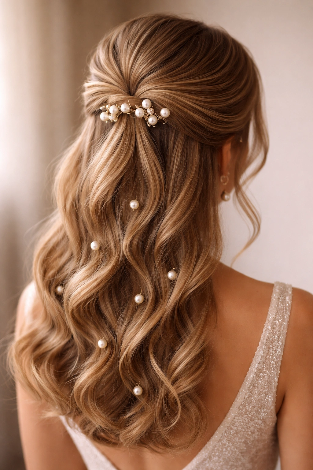 Close-up of vintage-inspired half-up hairstyle with pearl pins at crown