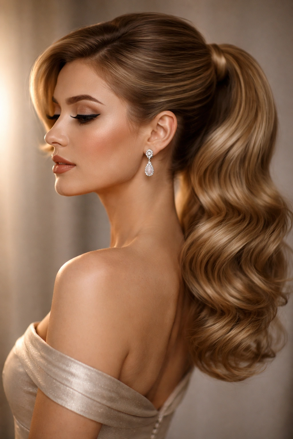 Side-profile portrait of a woman with a vintage Hollywood ponytail featuring soft waves and a low side-sweep
