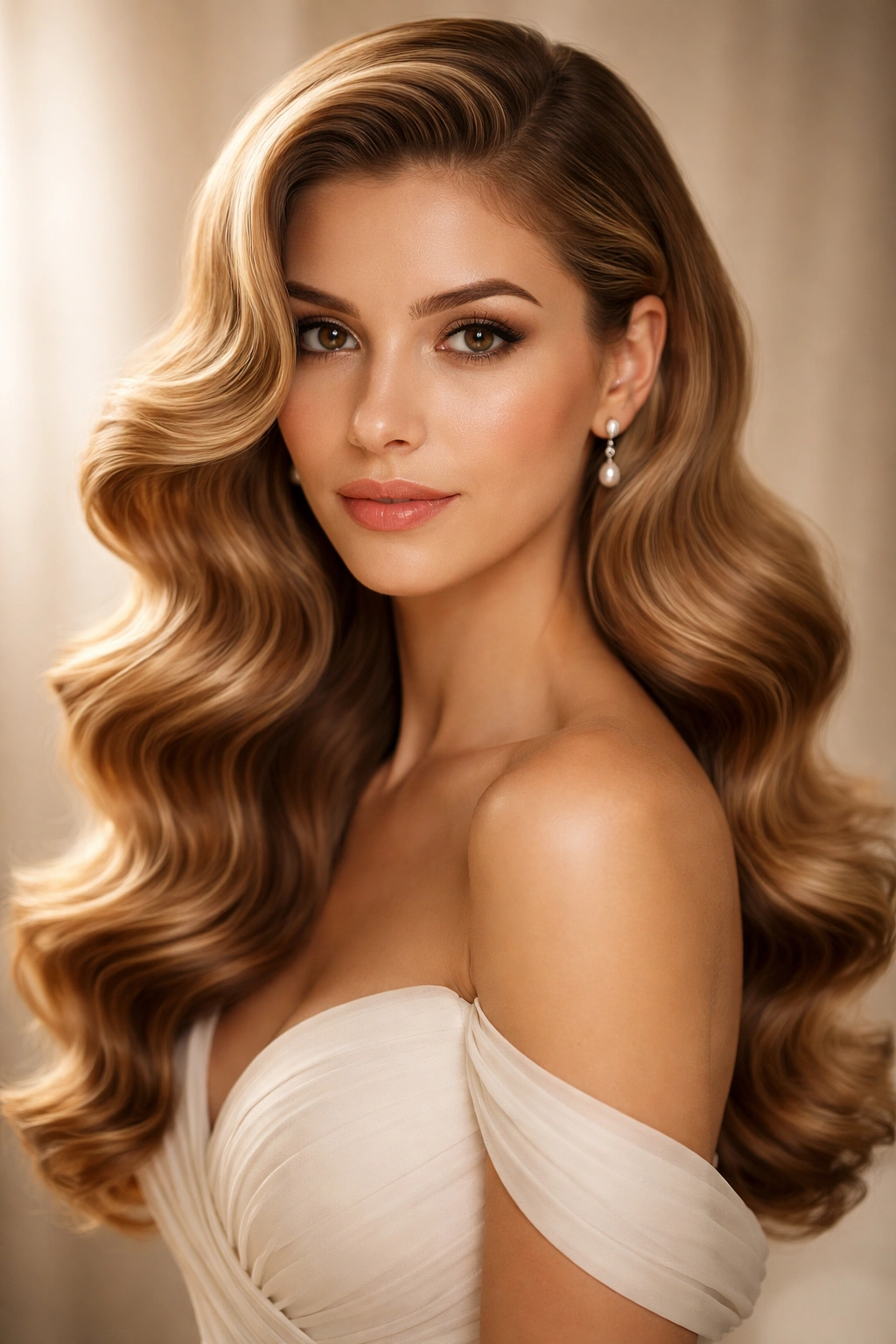 Vintage Hollywood Waves hairstyle with voluminous glossy waves on a bridesmaid