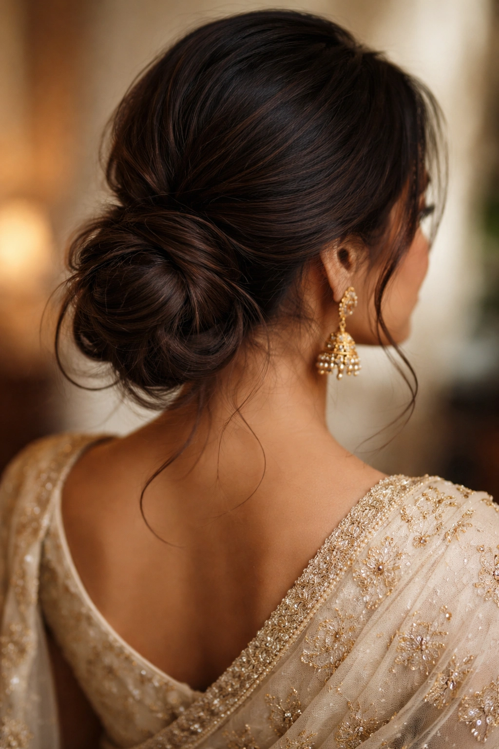 Low, loose bun formed from a ponytail with a soft, undone vintage vibe and wispy pieces escaping.