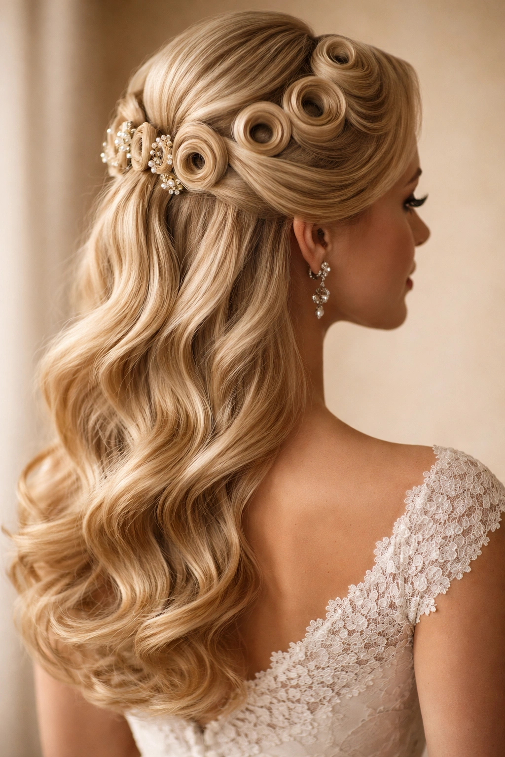 Close-up of a vintage pin curl half-up bridal hairstyle pinned at the back