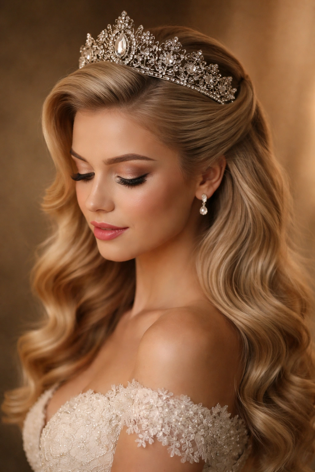Close-up of a vintage-inspired rolled half-up with an ornate tiara