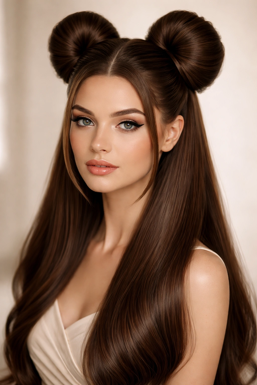 High, sleek vintage-inspired space buns with smooth crown and defined lower waves