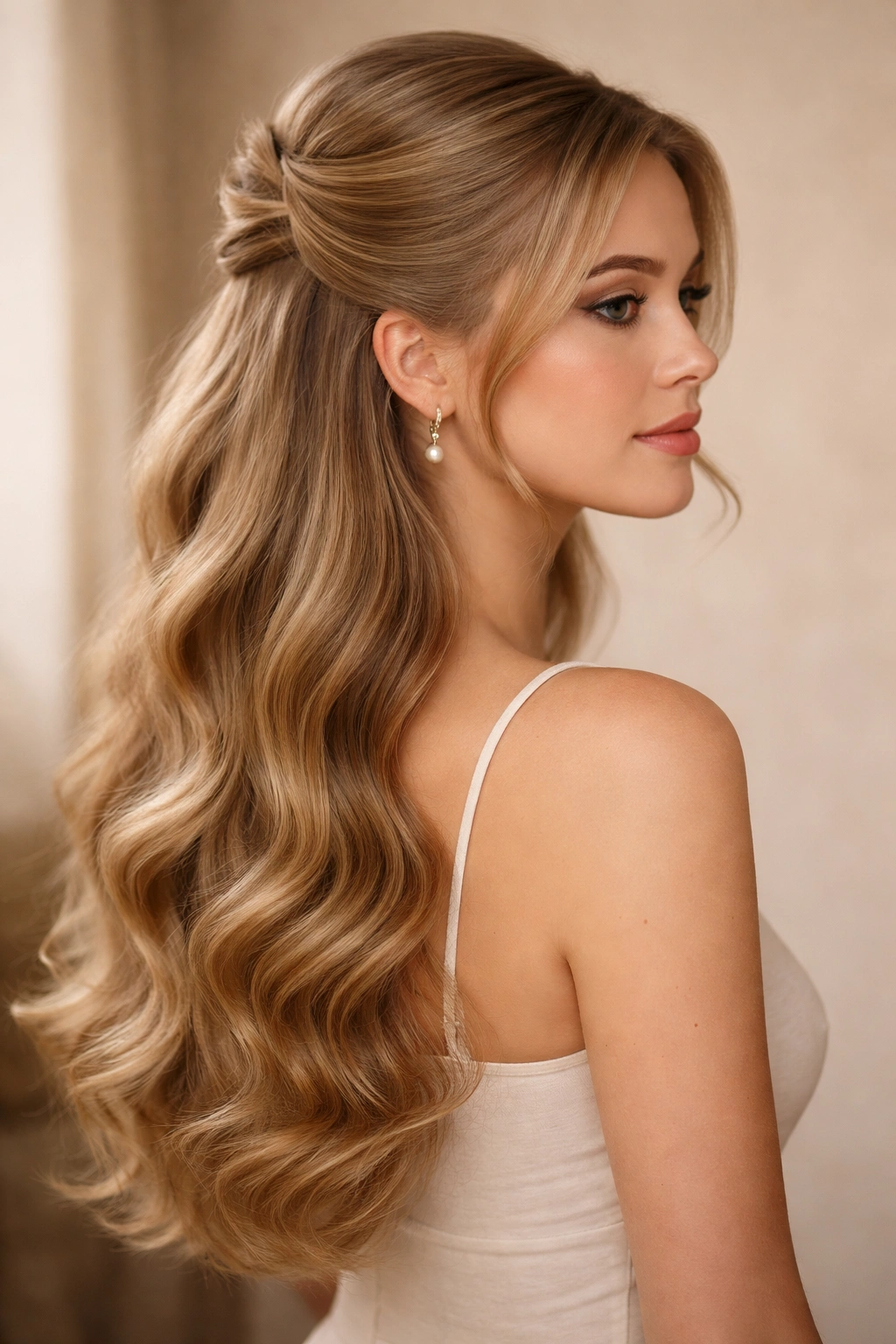 Classic vintage waves half-up hairstyle with soft waves