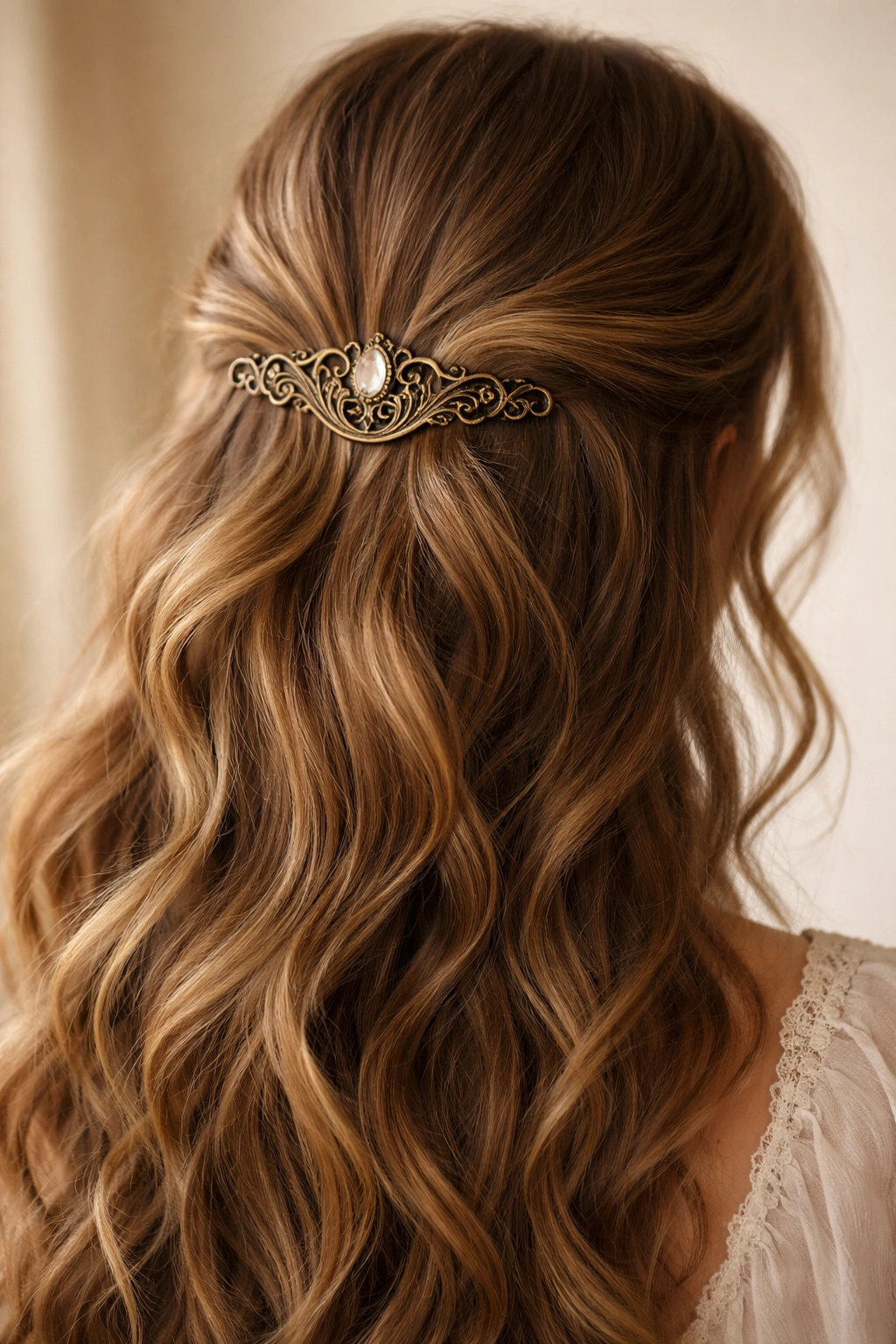 Close-up of a decorative vintage pin woven through a gathered half-up hairstyle