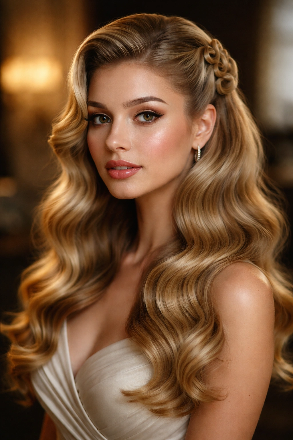 Symmetrical vintage sculpted waves with a crown half-up