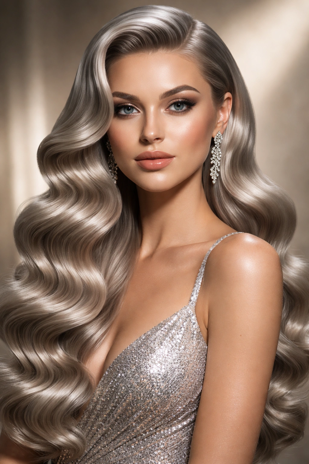 Vintage Hollywood waves in silver hair with defined S-curves.