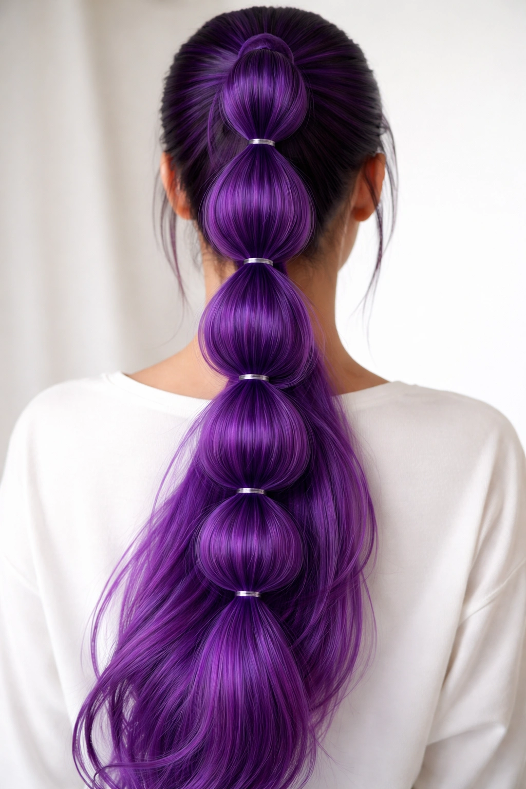 Ponytail with stacked bubbly sections in violet purple