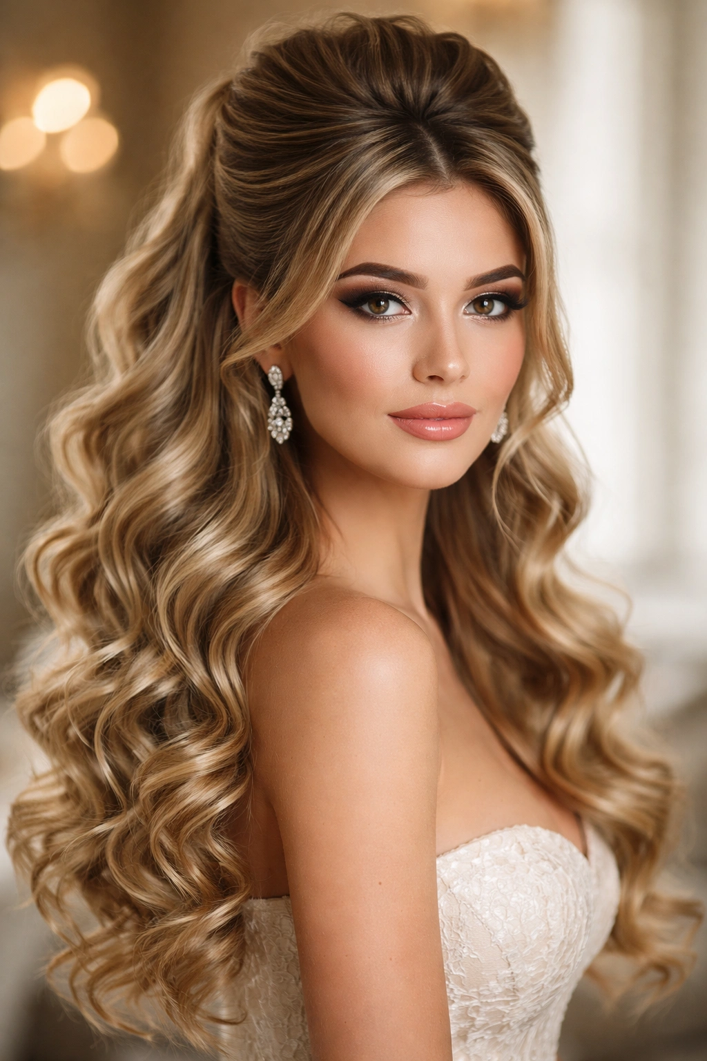 High volume half-up hairstyle with dramatic curls