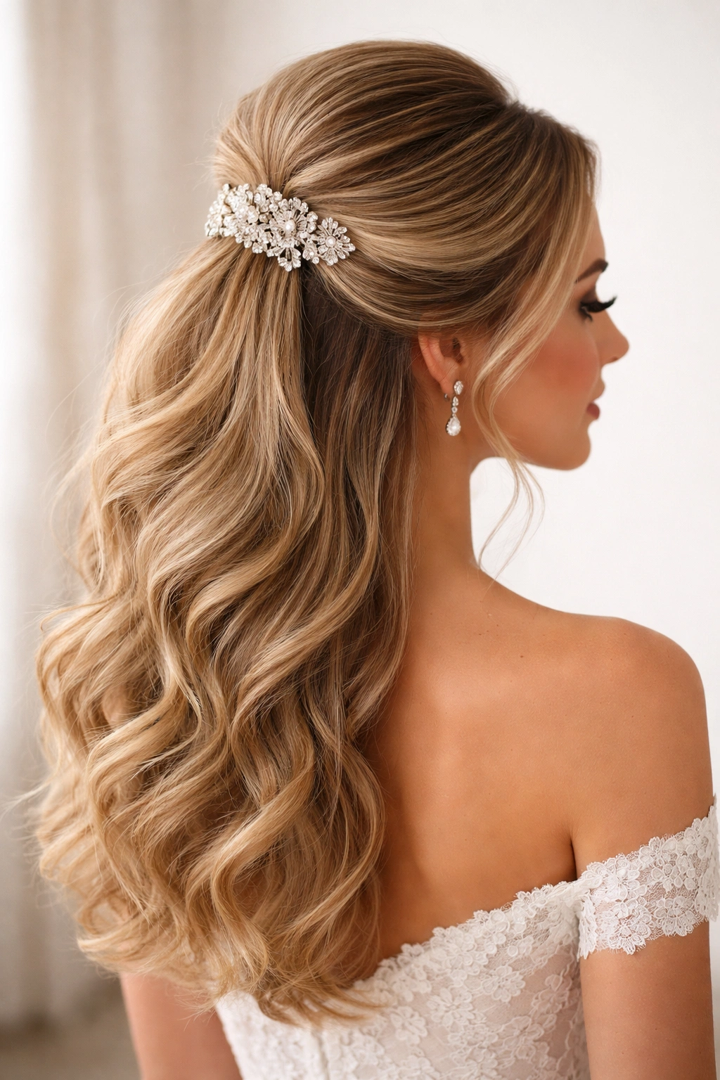 High-volume half-up hairstyle secured with a bold statement barrette