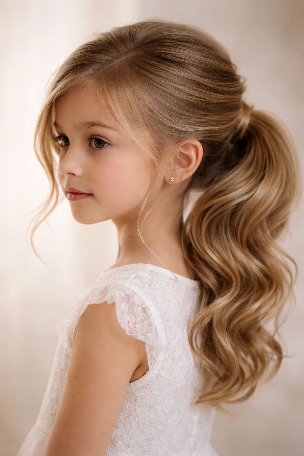 Child with a voluminous low side ponytail against a neutral background.