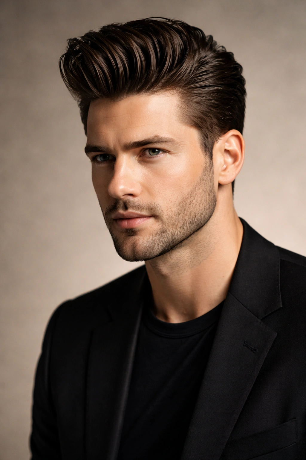 Portrait showing front volume with a voluminous quiff and sleek sides