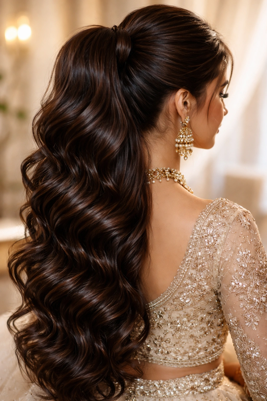 Volume ponytail with cascading waves from crown to tip