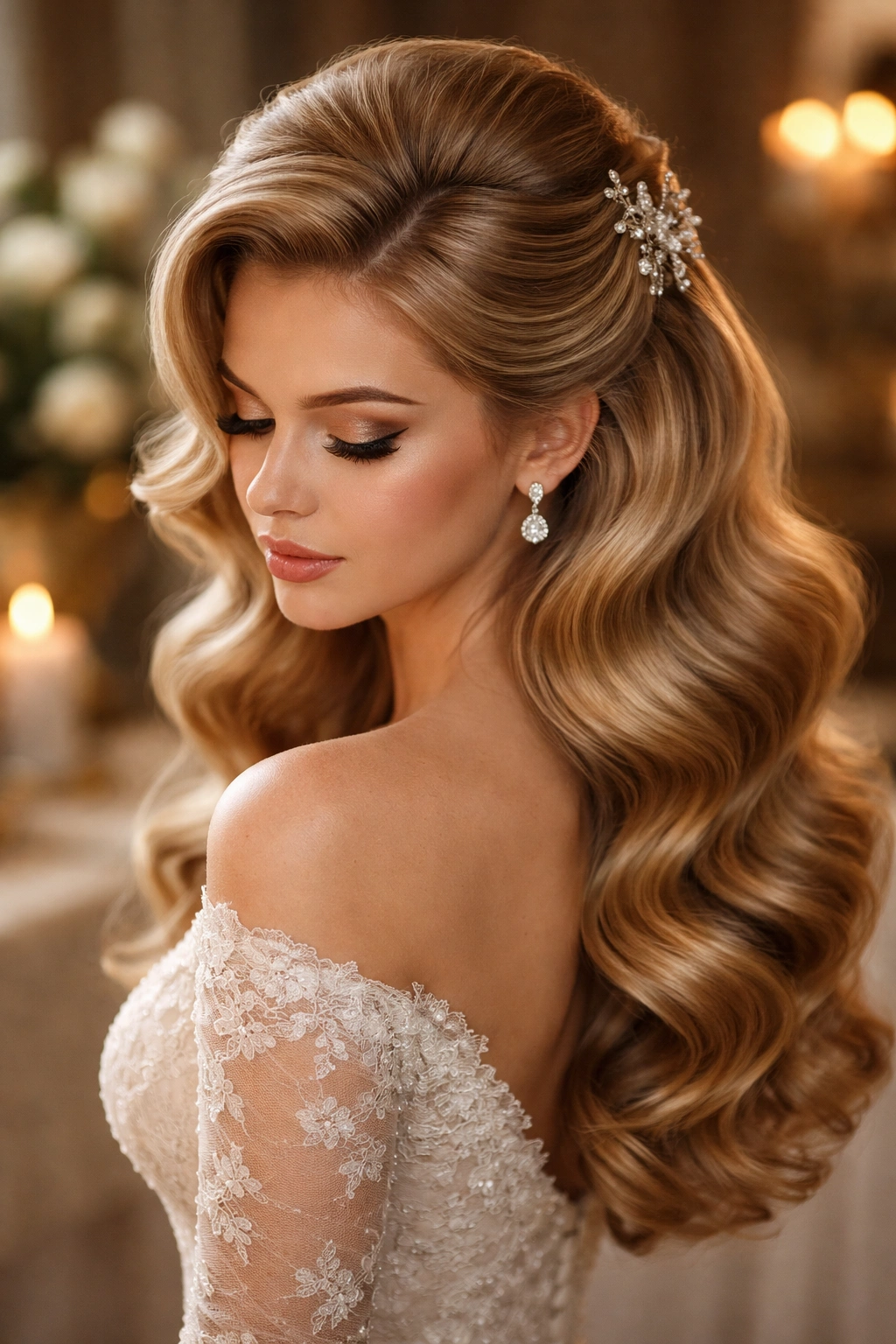 Volumetric Half-Up with Vintage Waves hairstyle showcasing crown volume and glamorous waves