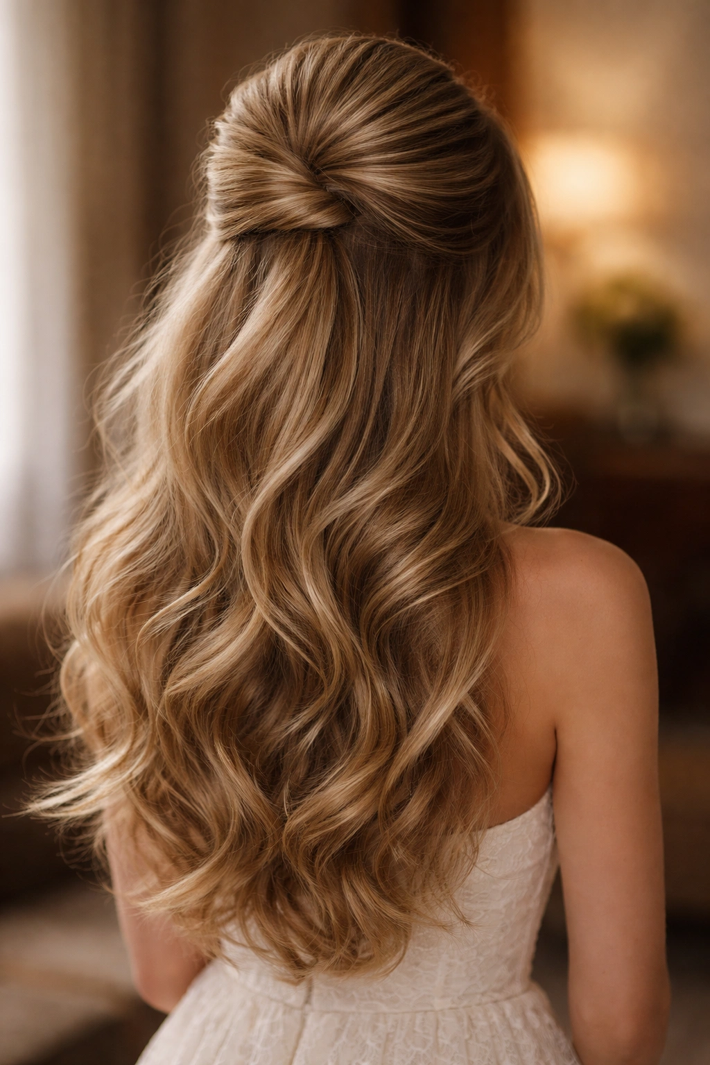 Voluminous half-up hairstyle with backcombed crown