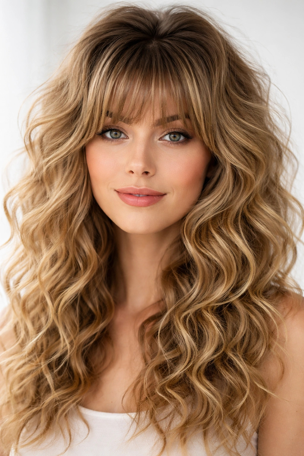 Portrait highlighting voluminous bangs lifted at the crown with tight waves across the rest