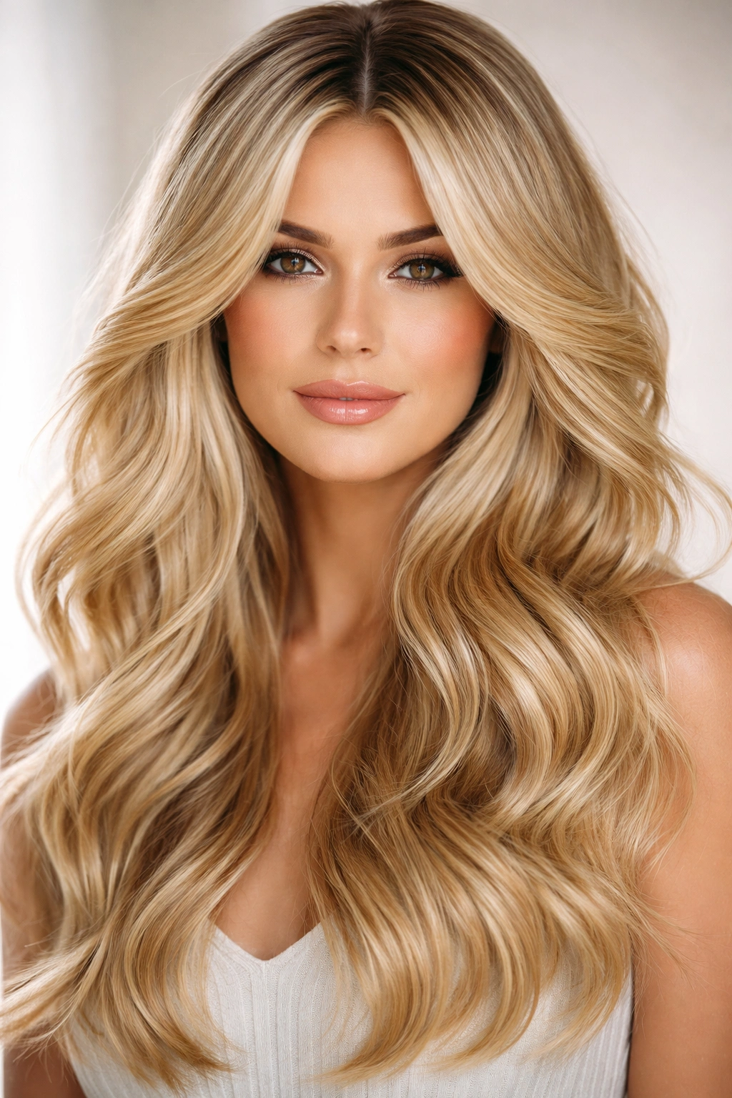 Voluminous blonde waves with deep-part curtain bangs