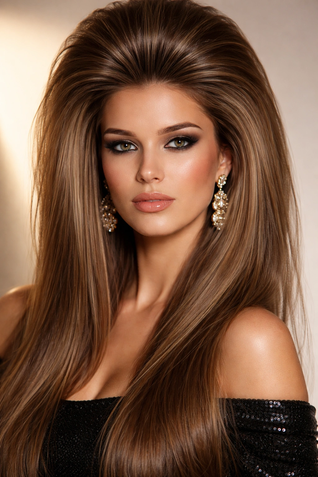Model with high-volume crown and sleek straight hair of the 1980s blowout
