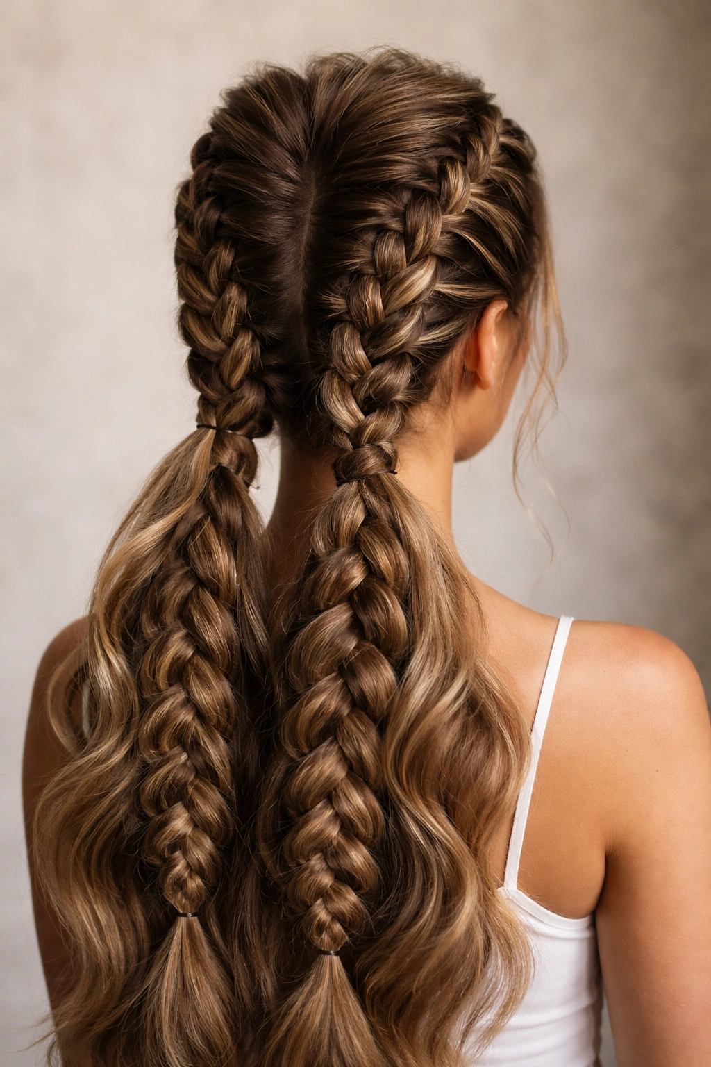 Voluminous teased crown with double Dutch braids on thick hair