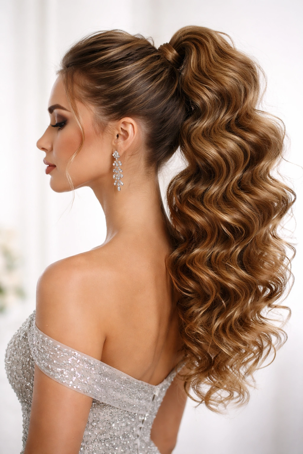 Voluminous bubble ponytail with stacked curls and visible bubbles along the length