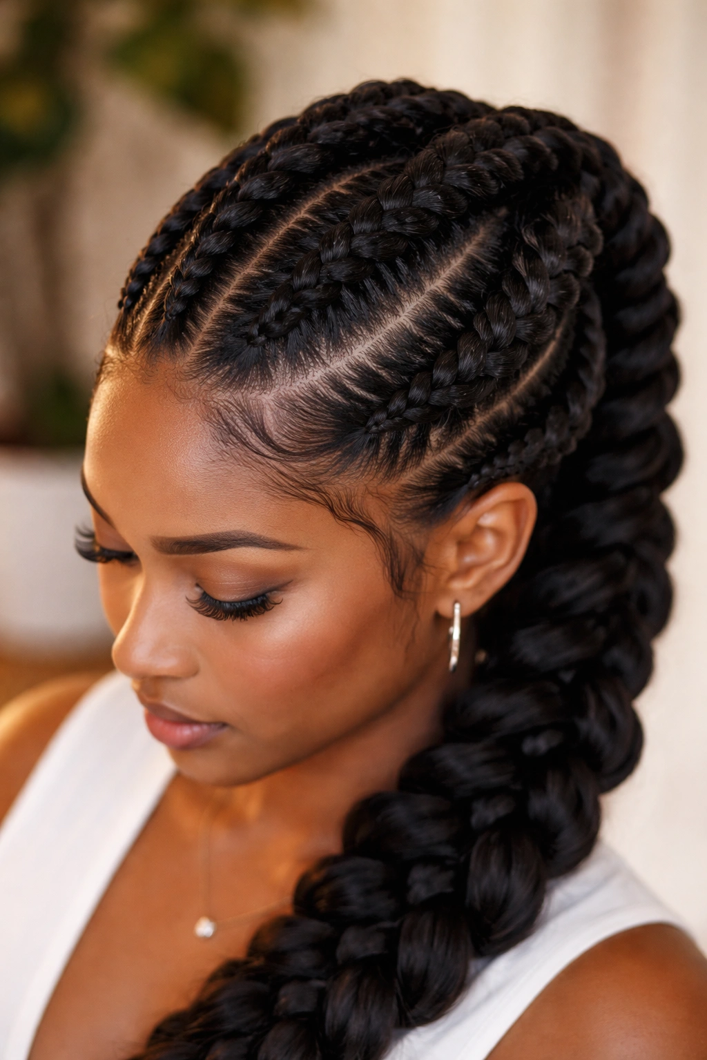 Voluminous cornrows with added extensions creating lift and dimension