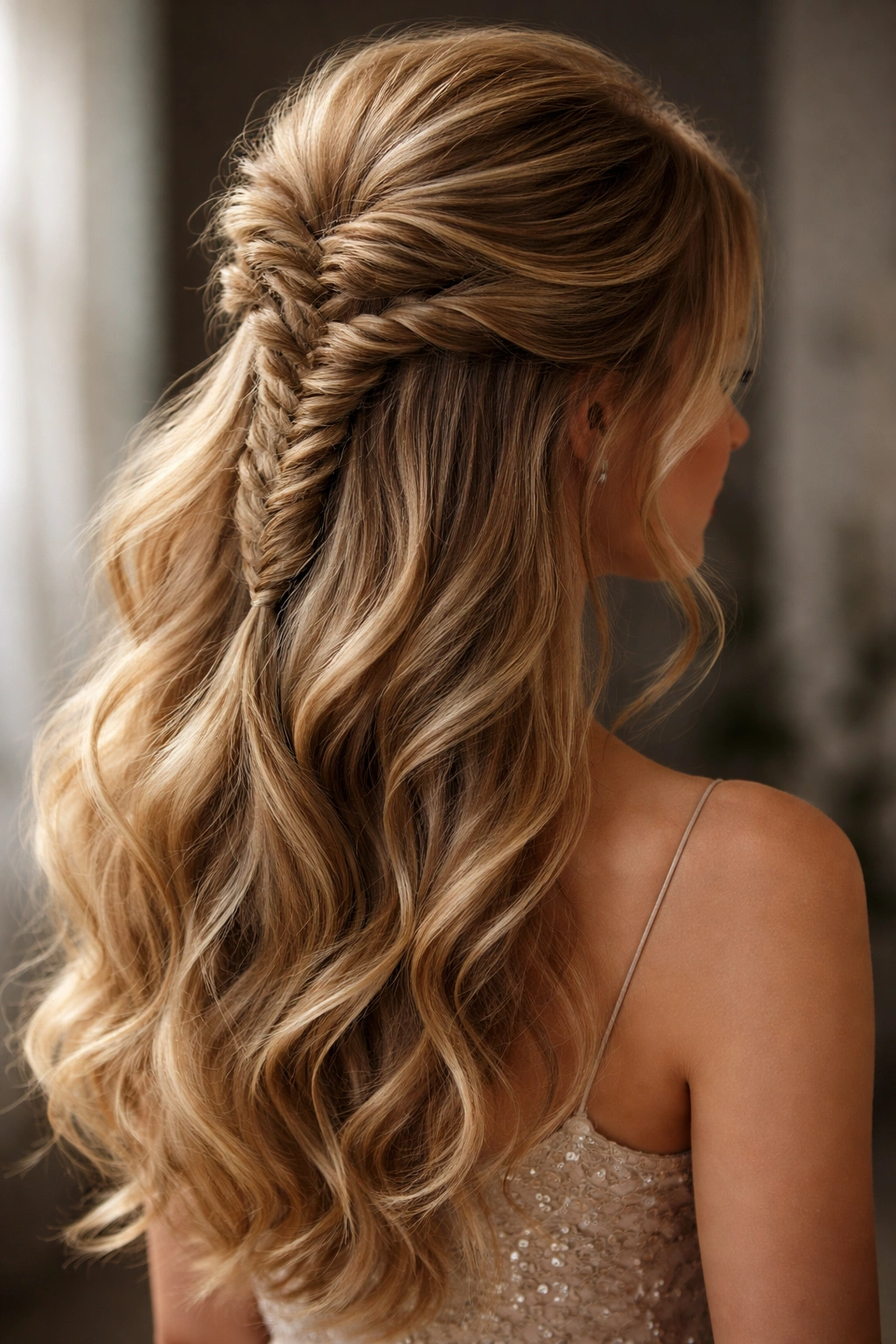 Fishtail Half-Up with Voluminous Crown showing dramatic crown height and braid below