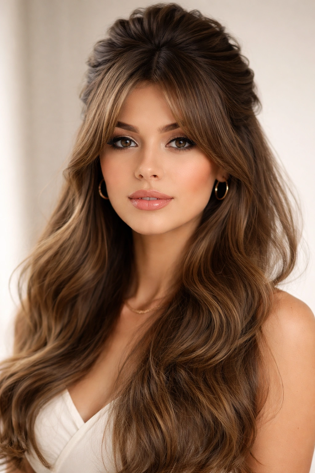 Voluminous crown half-up with curtain bangs portrait