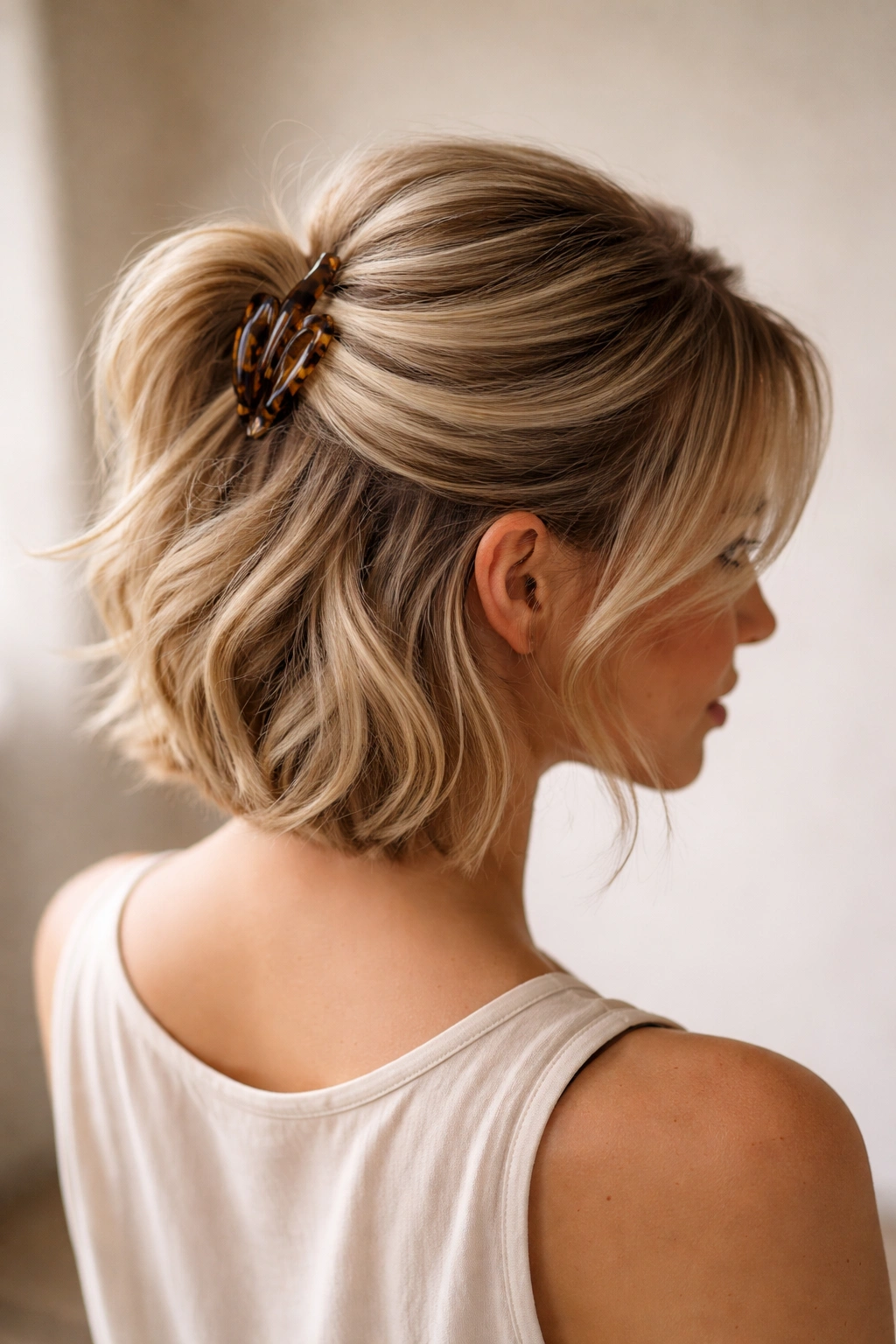 Close-up on Voluminous Crown Half-Up with teased crown for height.