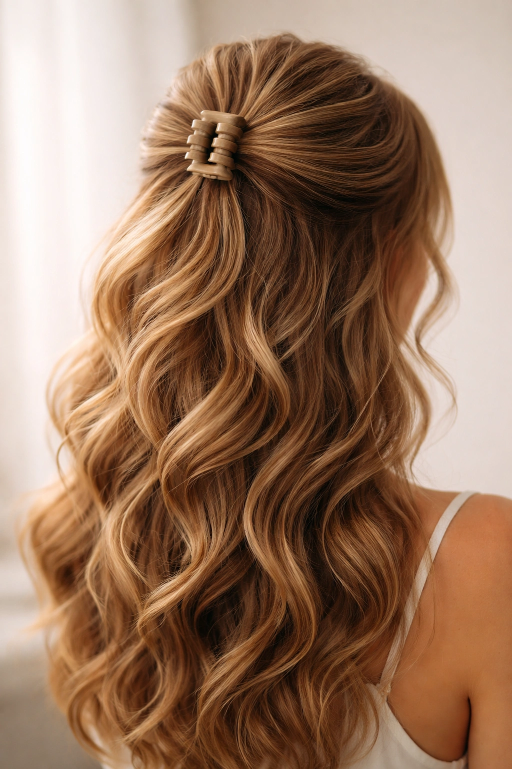 Close-up of The Voluminous Crown half-up hairstyle with teased crown and voluminous waves