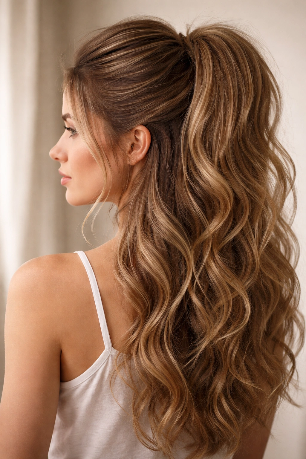 Close-up of voluminous crown half-up ponytail on wavy hair, dramatic lift at crown