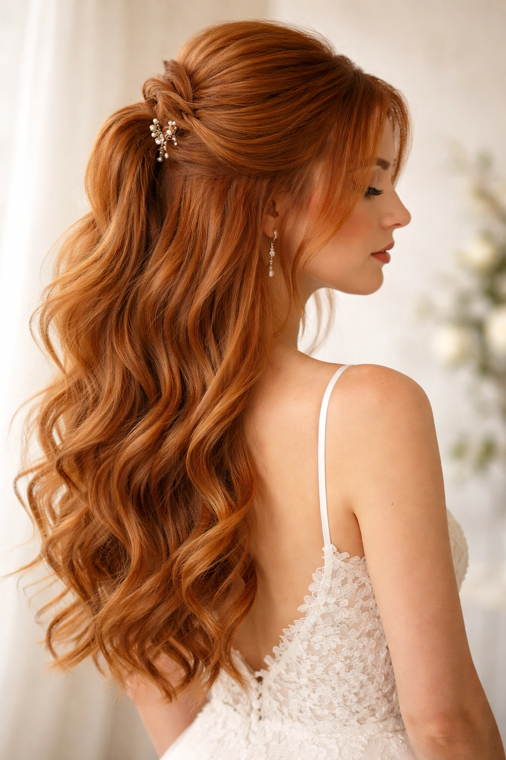 Voluminous half-up hairstyle with teased crown and loose waves on red hair