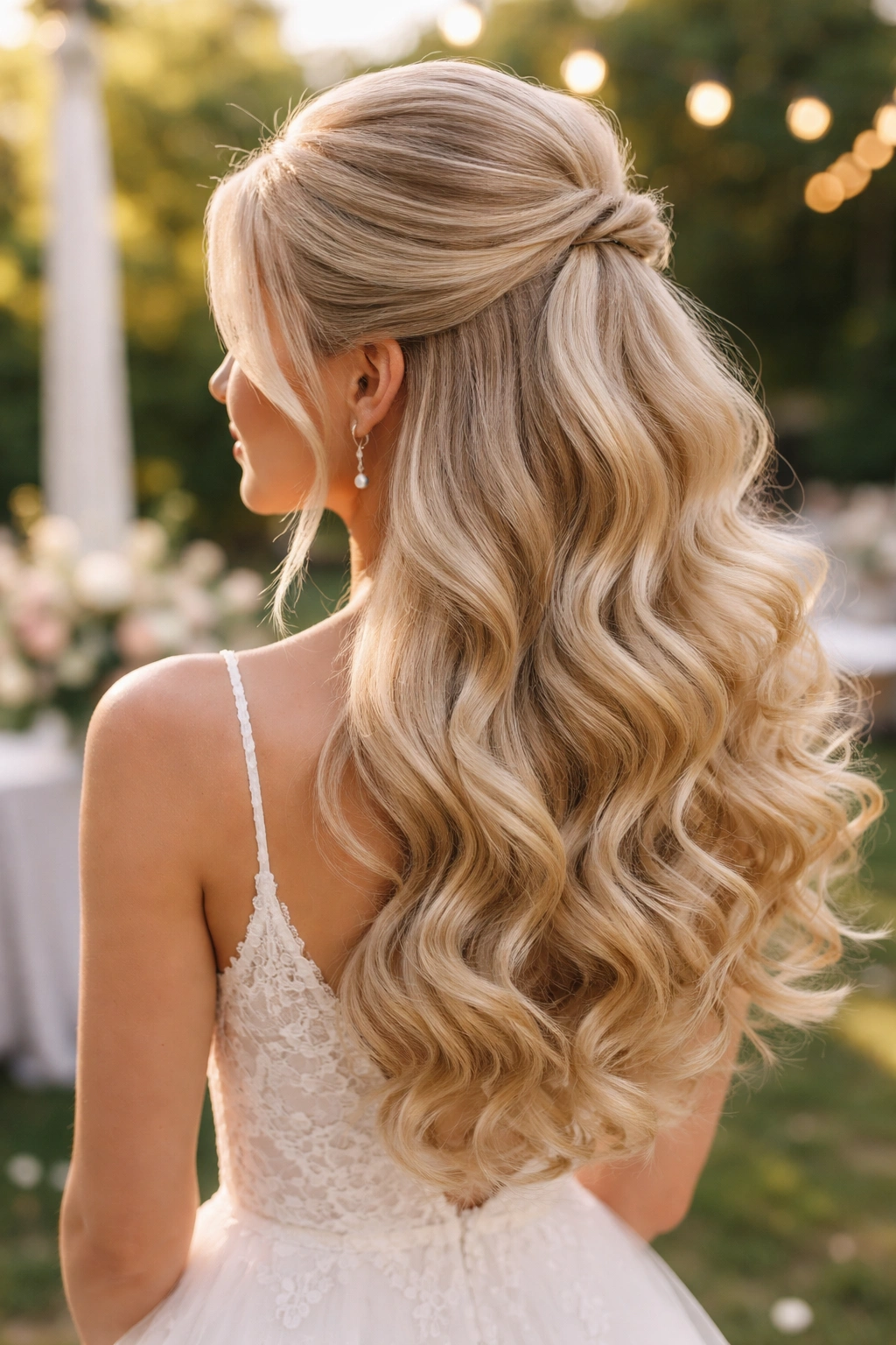 Blonde half-up hairstyle with voluminous curls for height in natural daylight