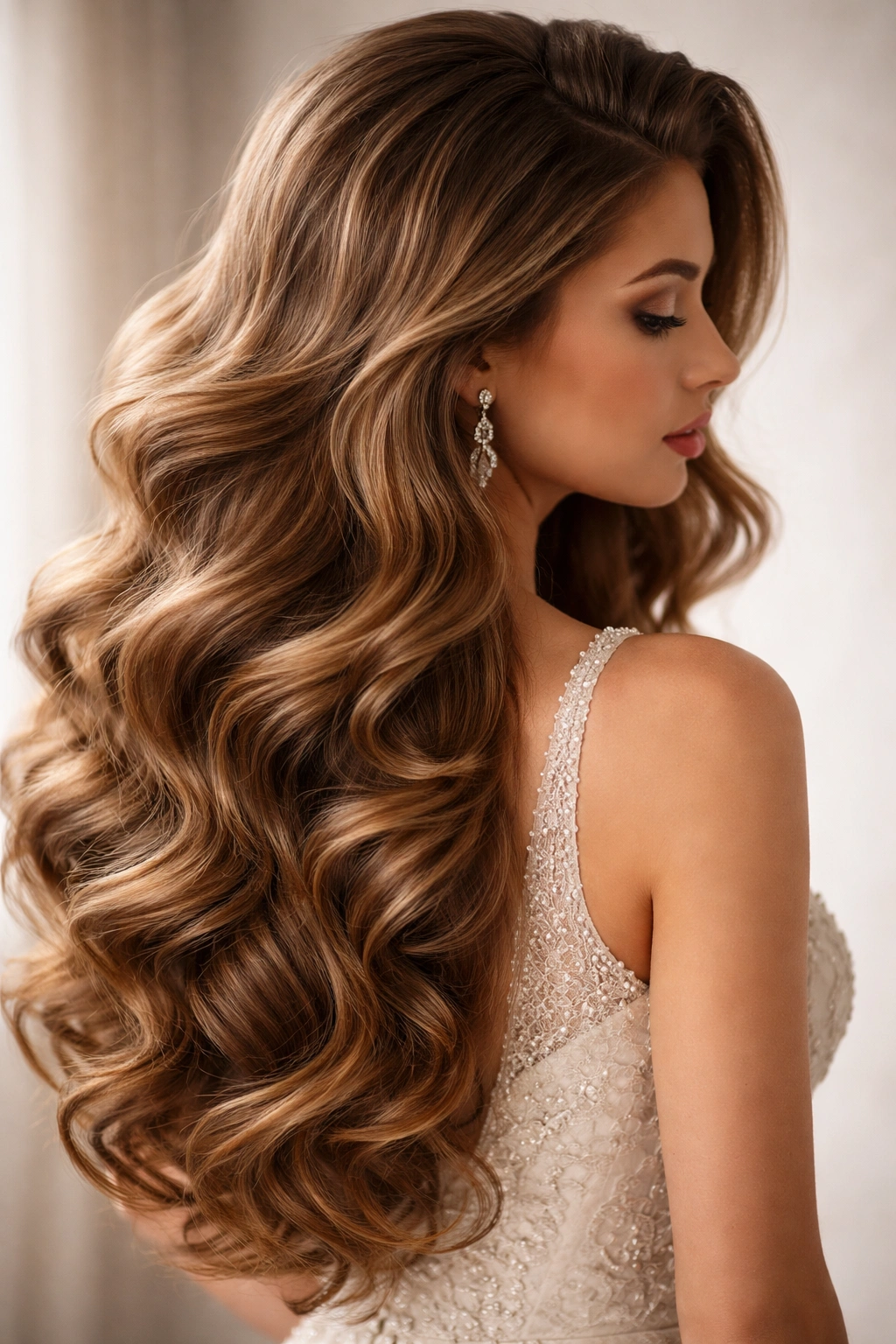 Back view of dramatic voluminous curls with crown lift and rich texture