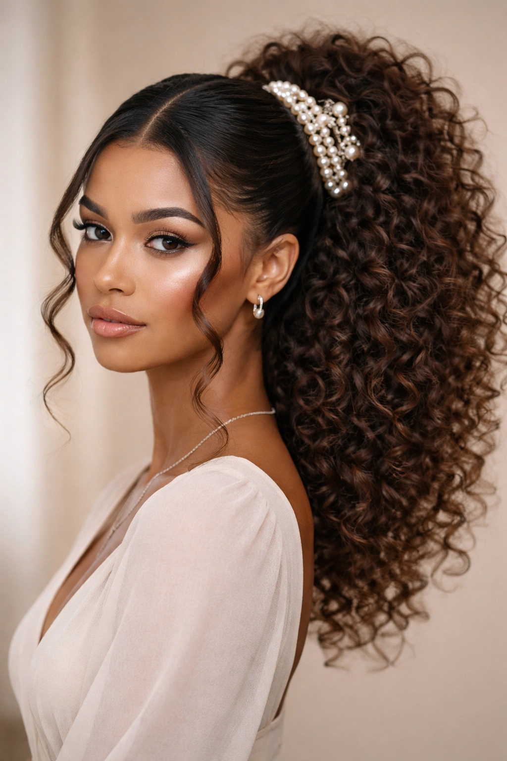 Close-up of voluminous curly ponytail with middle part and hair accessories.