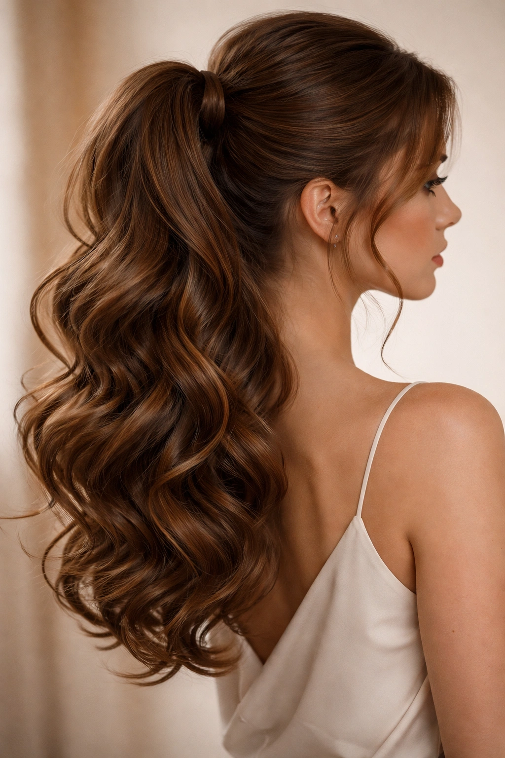 Voluminous warm brown ponytail with soft curls and shine