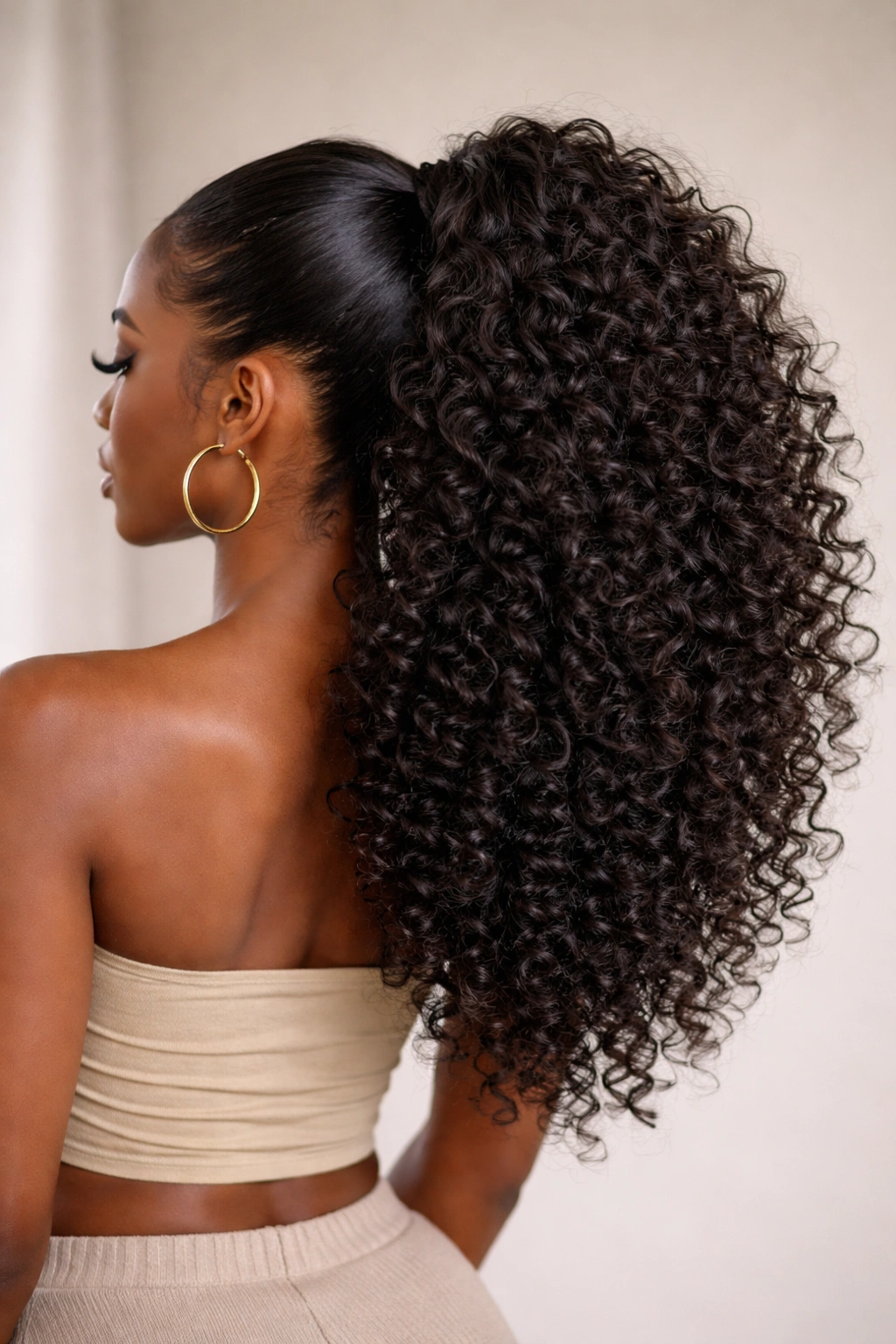 Voluminous curly hybrid ponytail with layered curly weave