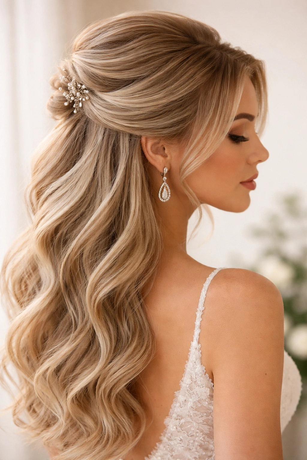 Close-up of voluminous half-up hairstyle with extensions pinned at crown