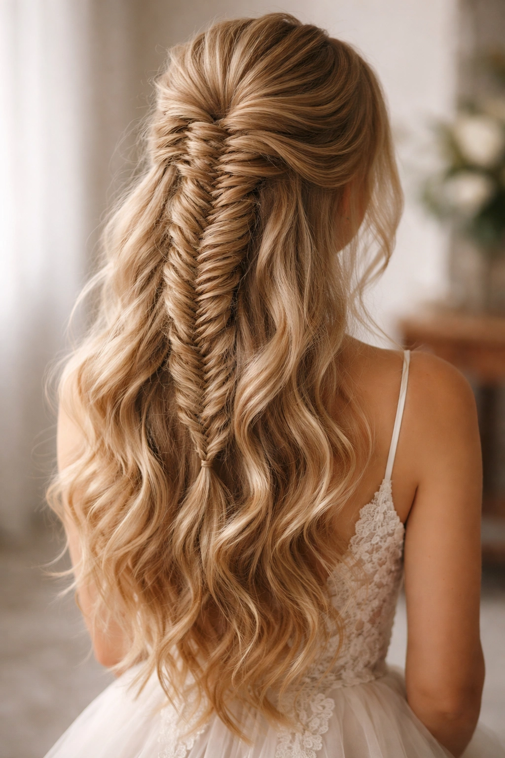 Close-up of Voluminous Braided Fishtail showing teased crown and full textured braid.