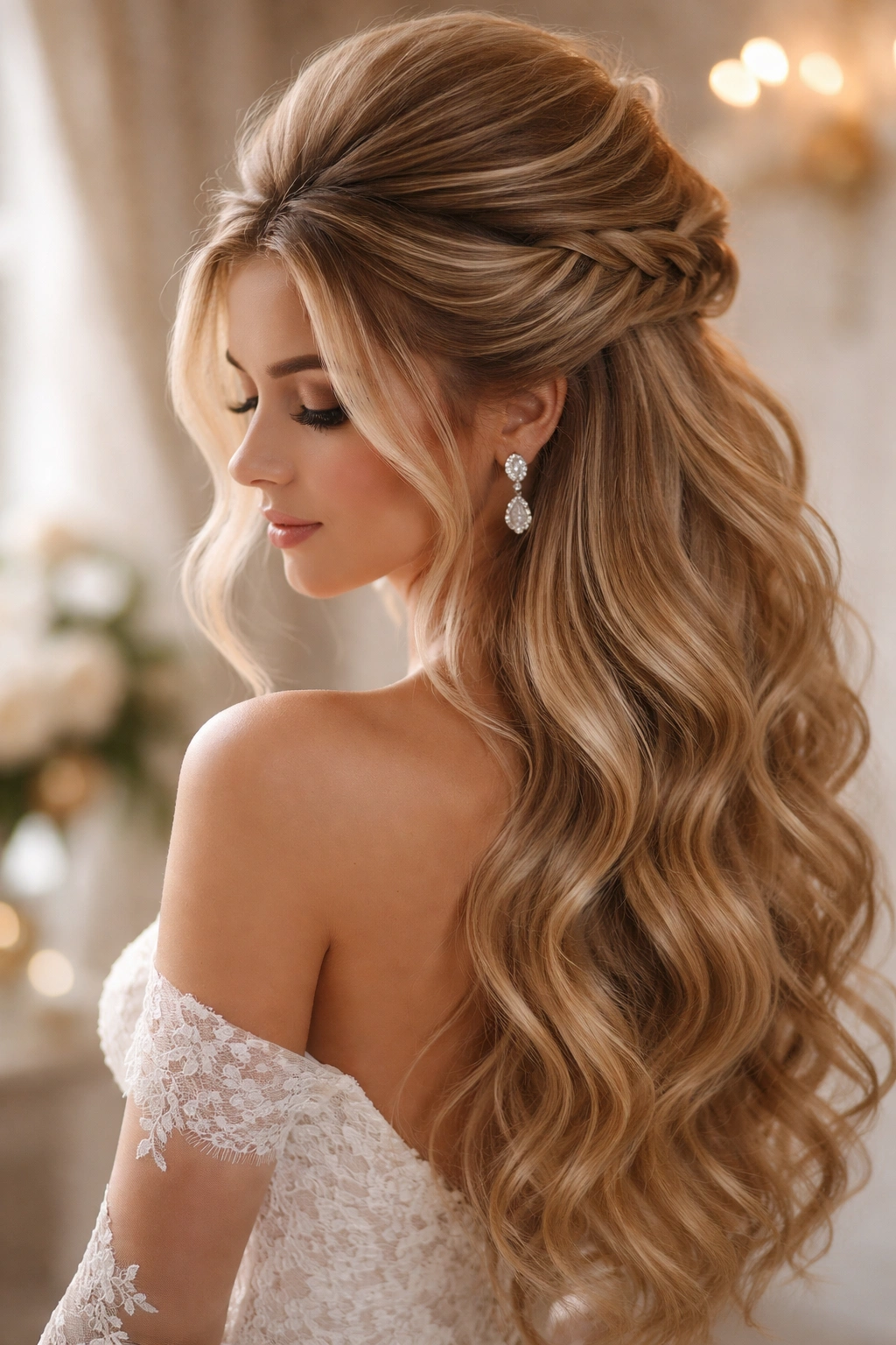 Voluminous fishtail half up with teased crown and flowing waves