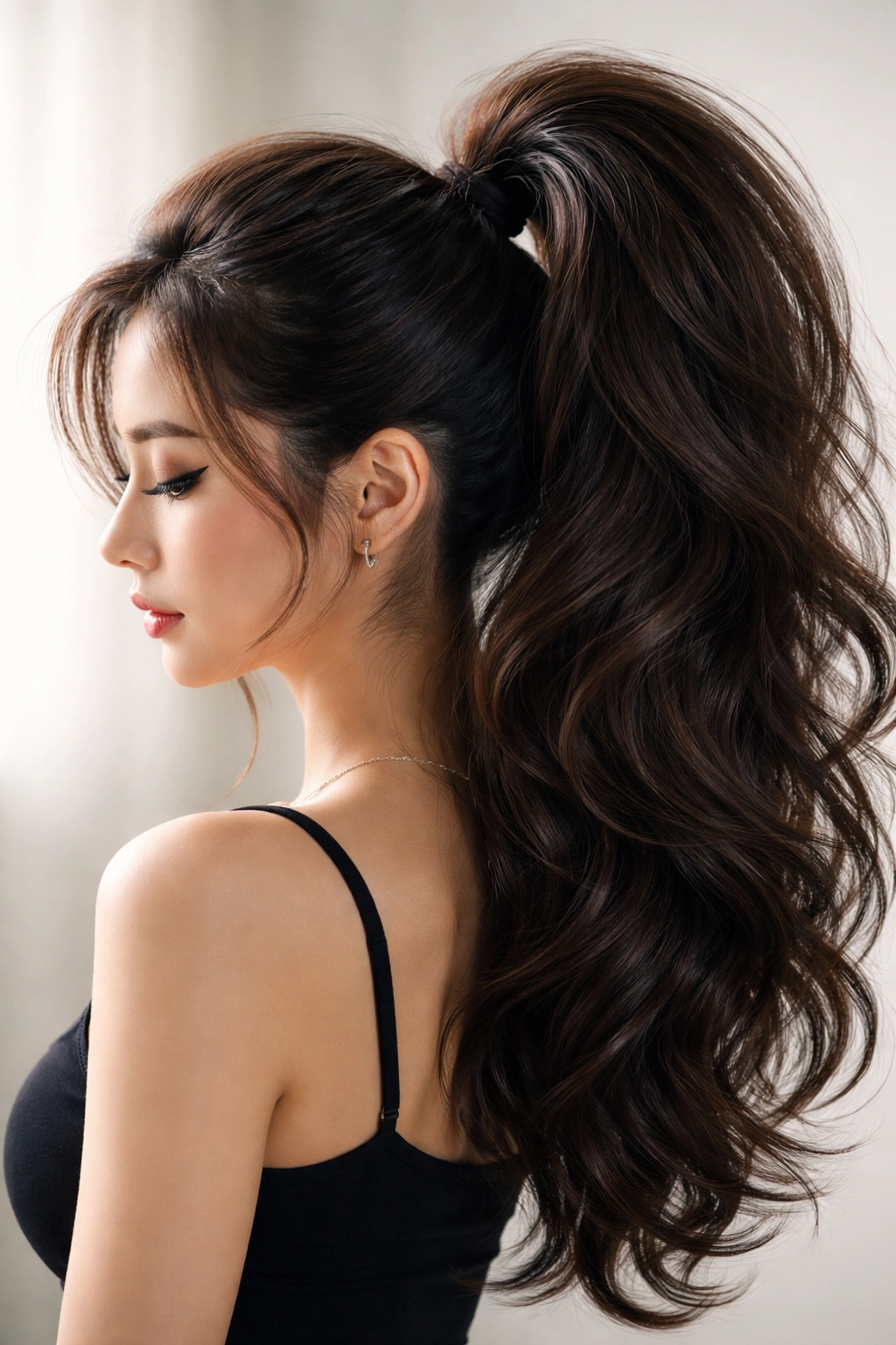 Voluminous fluffy high ponytail with teased crown