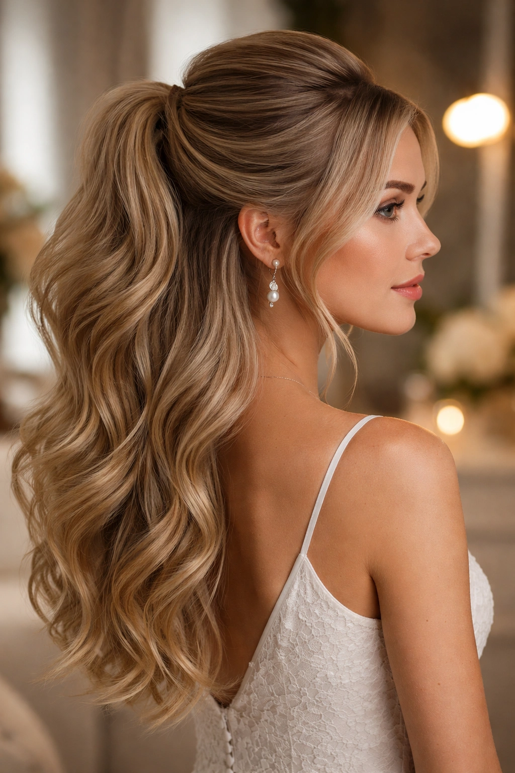 The Voluminous Half-Ponytail with Teasing showing a dramatic teased crown and loose waves