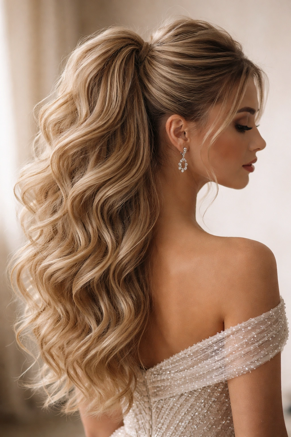 Close-up of Voluminous Half Ponytail with Texture showing crown volume and loose waves