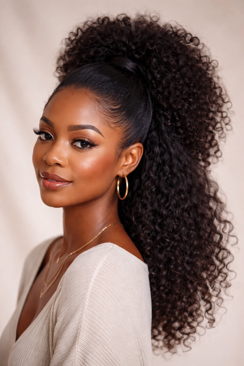 Close-up of a Black woman's voluminous half-puff hairstyle with a rounded crown