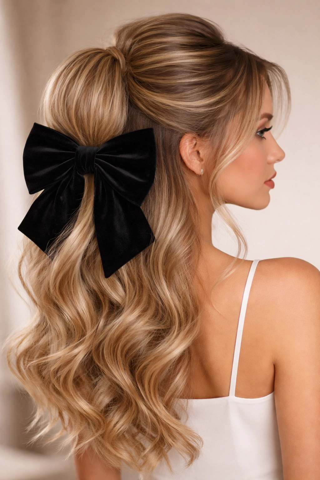 Back view of voluminous half-up with a large statement bow at the crown
