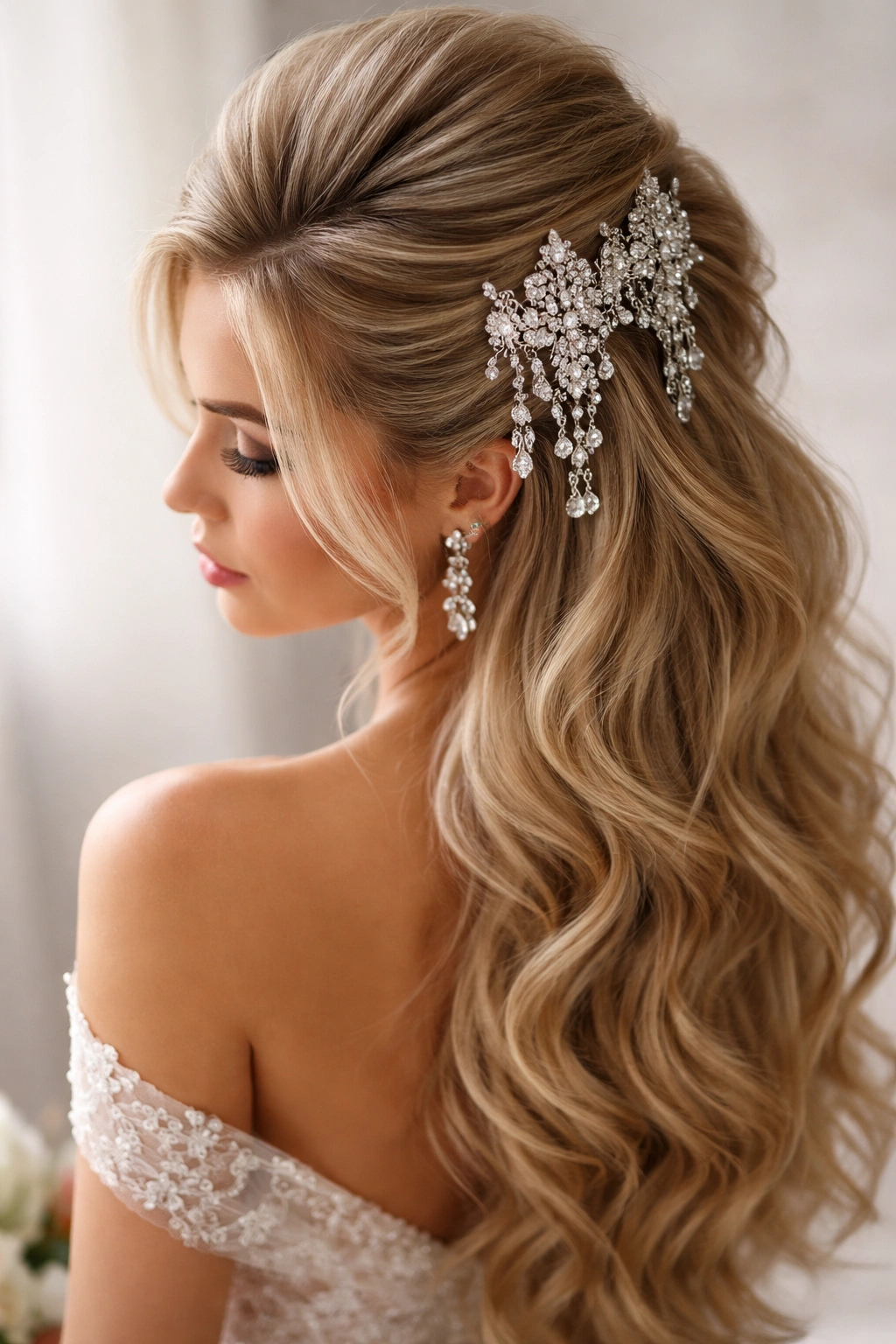 Close-up of a bridal voluminous half-up with chandelier pins and dangling crystals