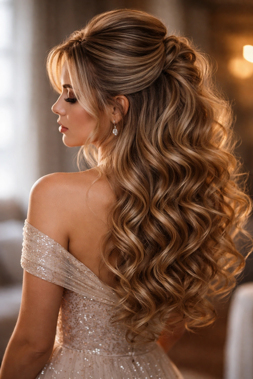 Voluminous half-up hairstyle with big curls and teased crown