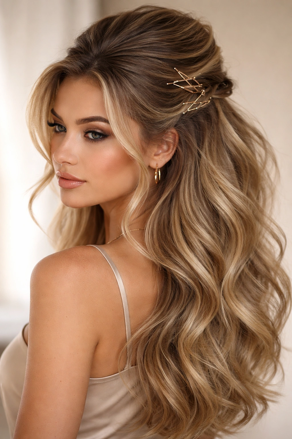 Close-up of a voluminous half up half down hairstyle with teased crown and visible pins